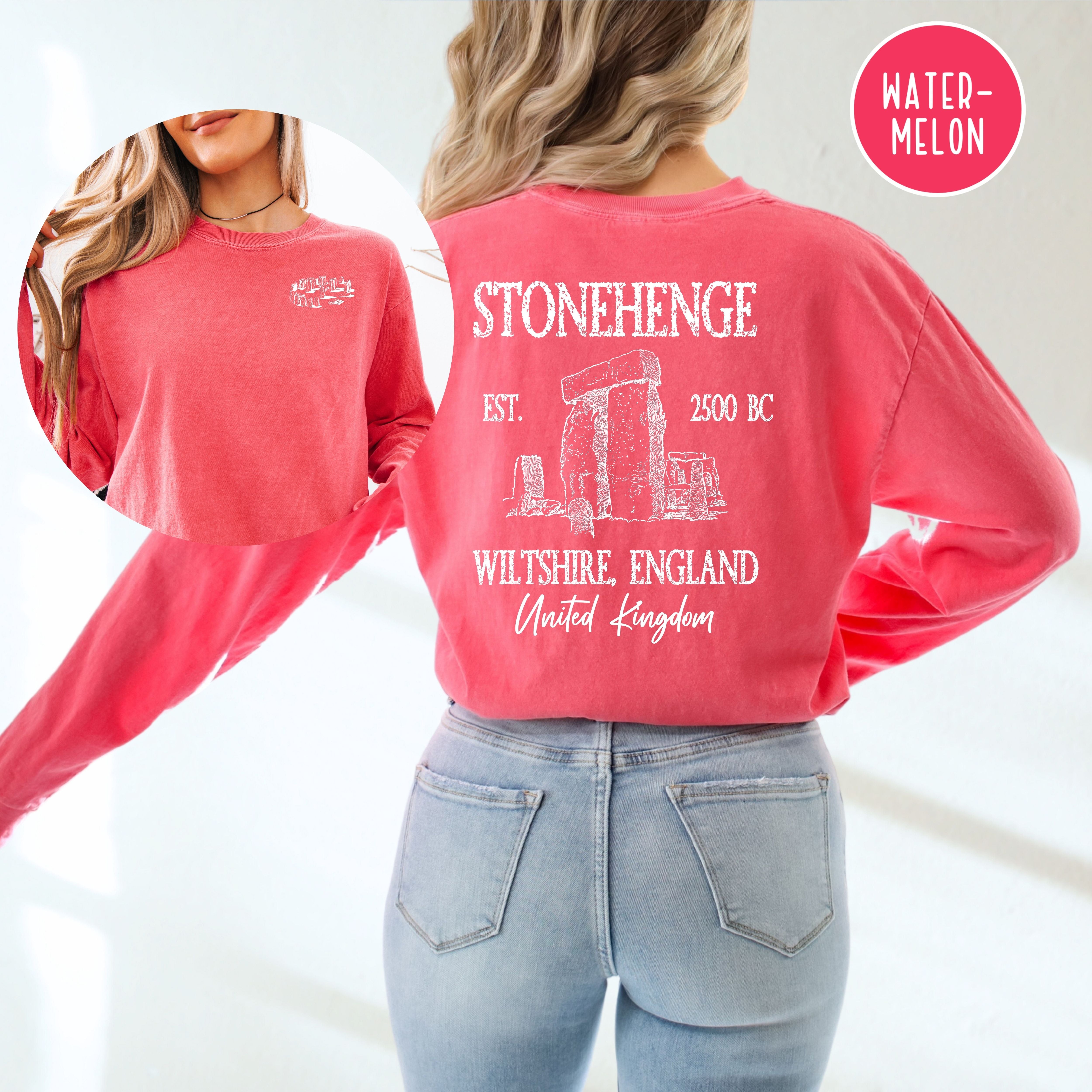 Stonehenge England Grunge Comfort Colors Long Sleeve Tee Design Front & Back