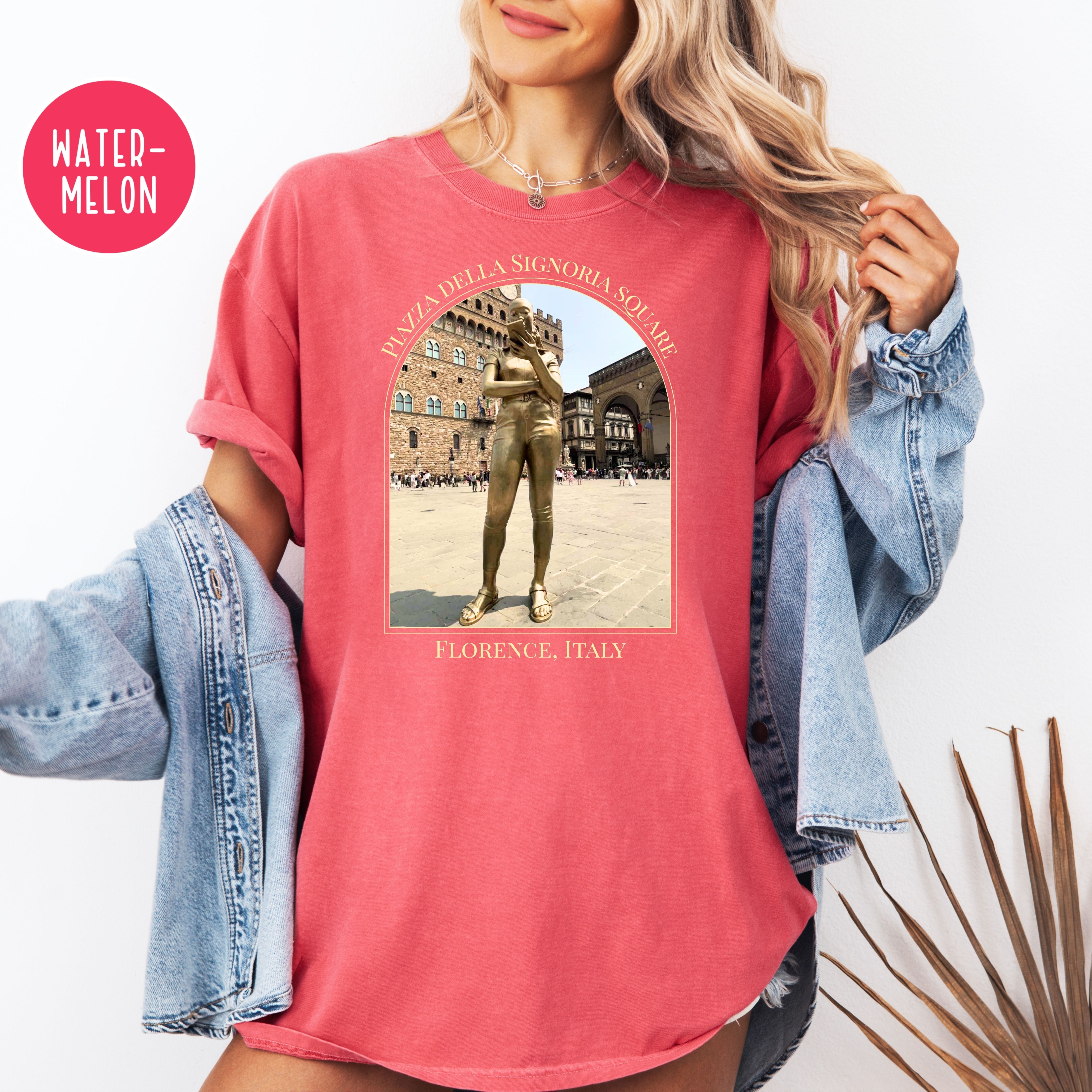 Florence Italy  Golden IPhone Girl in Piazza della Signoria Square Comfort Colors Vacation Tee