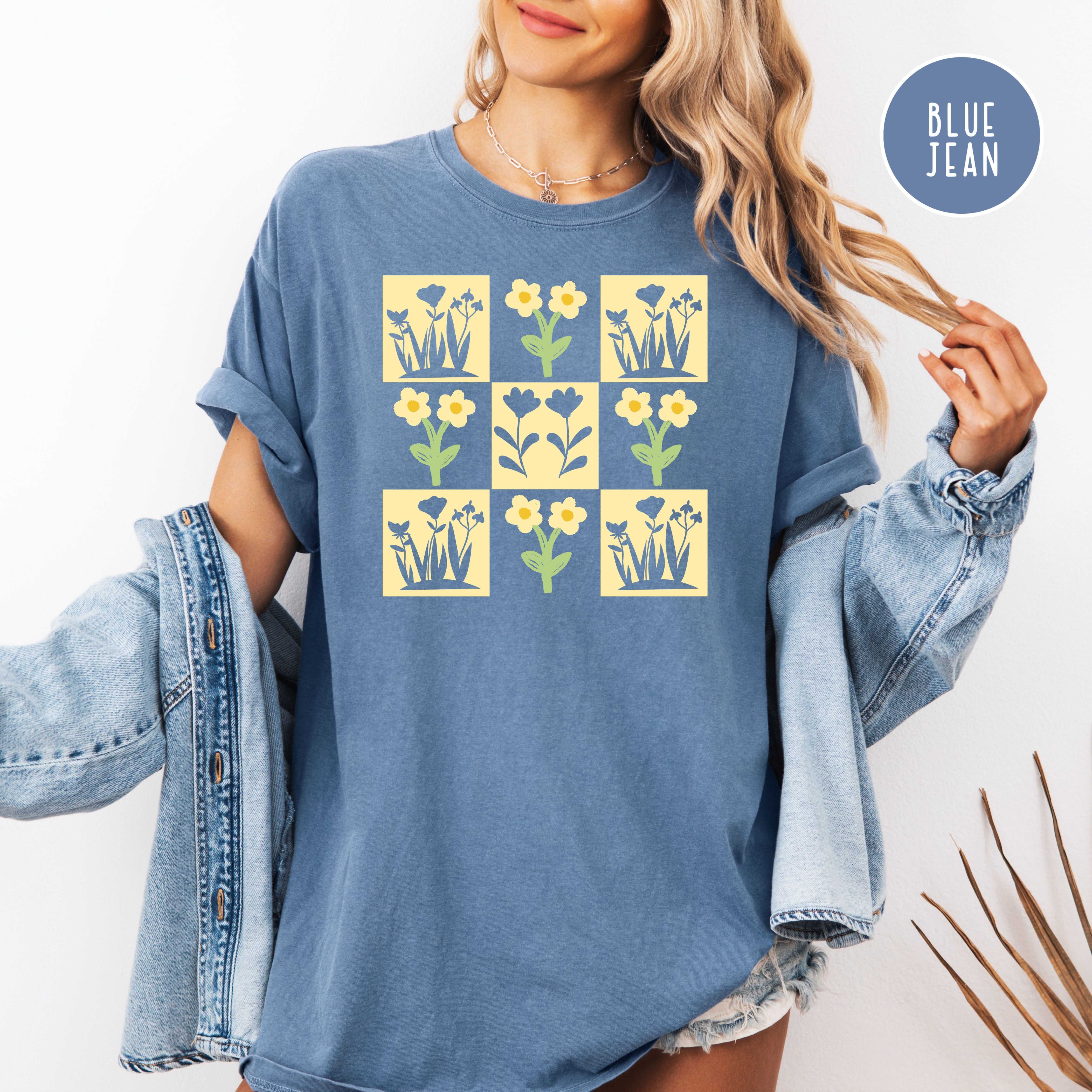 Flower Lover Gift Shirt, Flower Checkerboard Grid Comfort Colors Gift for Garden Lover