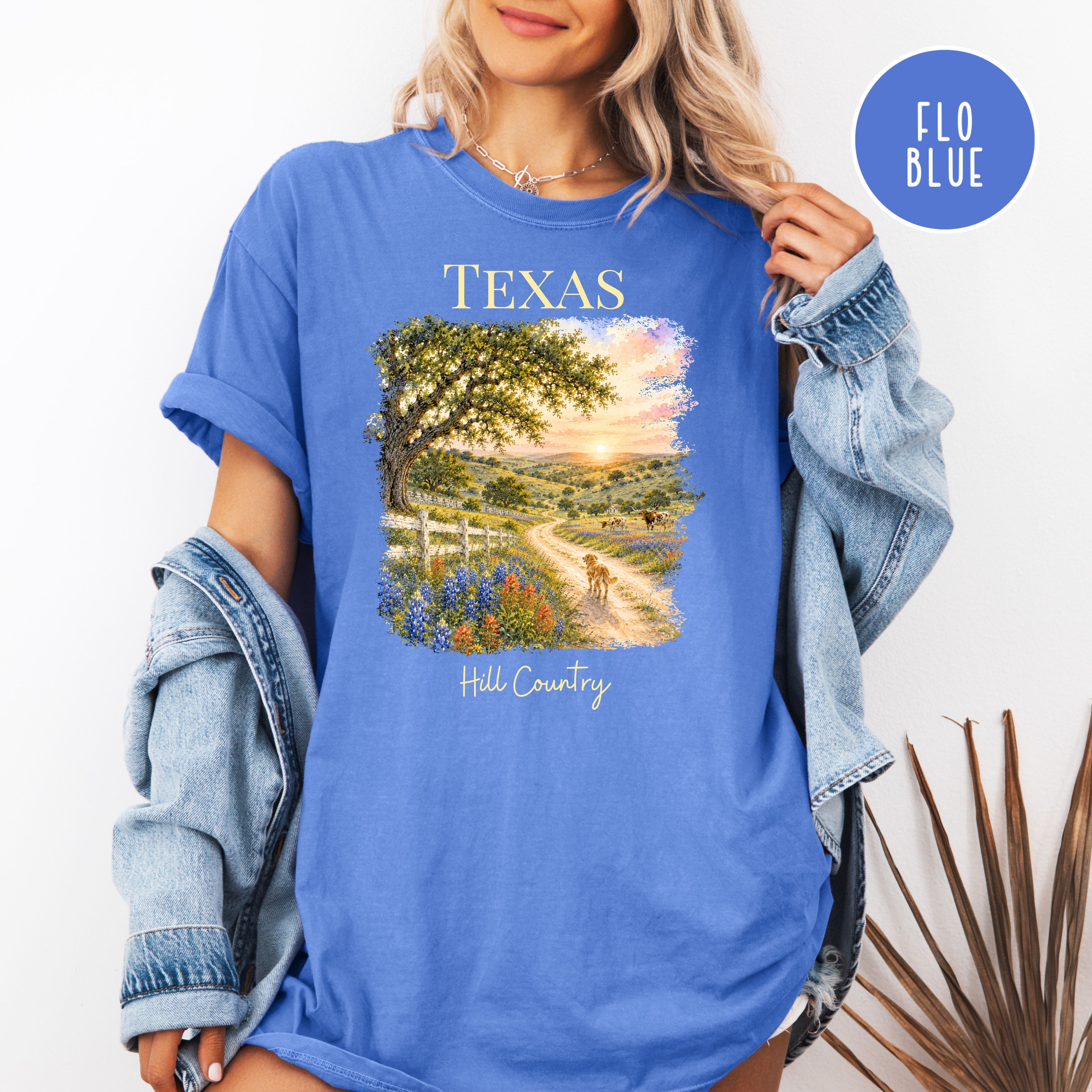 Texas Hill Country Comfort Colors T-Shirt, Texas Vacation Gift Shirt, Texas Travel Shirt, Texas Gift Shirt, Texas Blue Bonnets, Traveler Tee