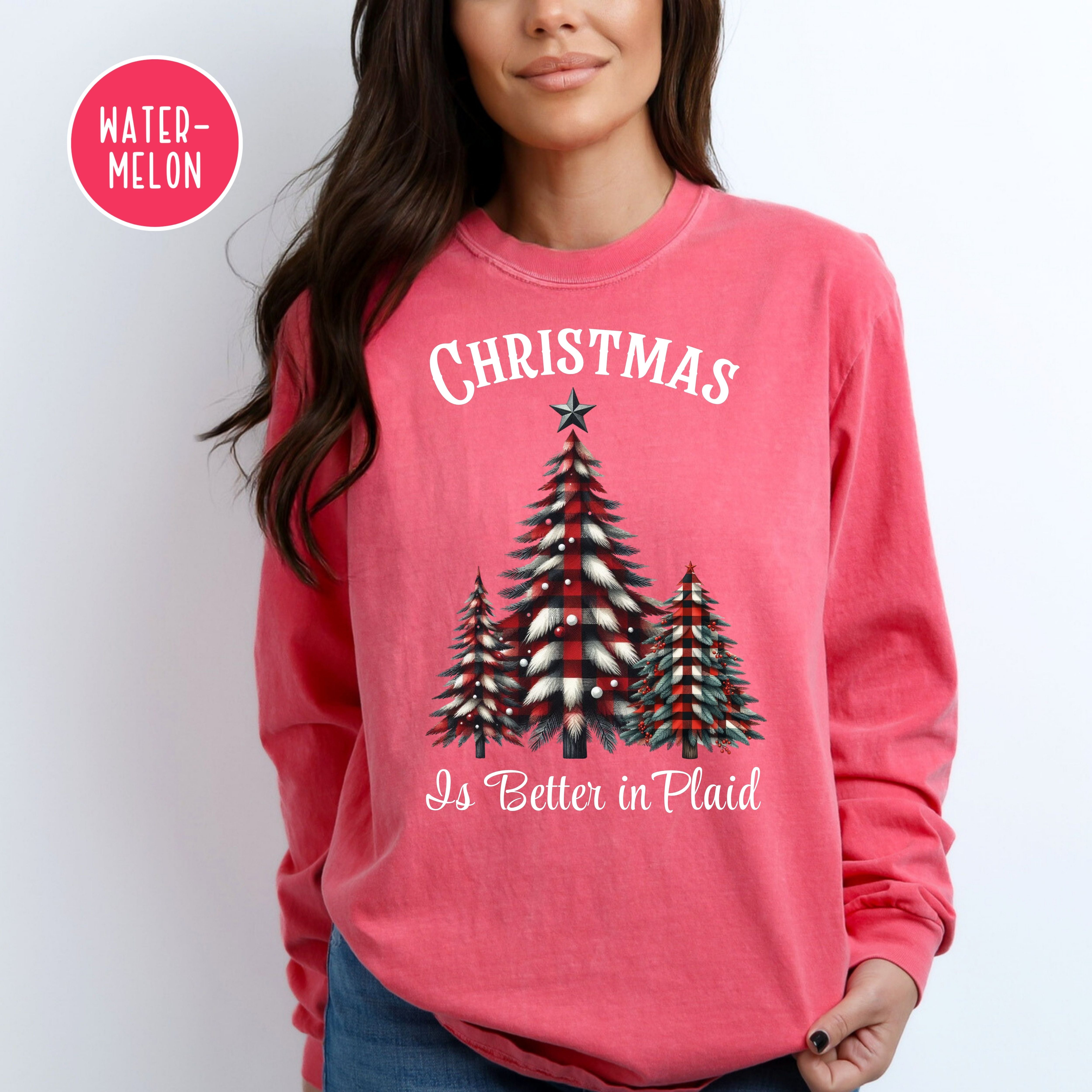 Christmas is Better in Plaid Comfort Colors® Long Sleeve Plaid Christmas Trees Tee