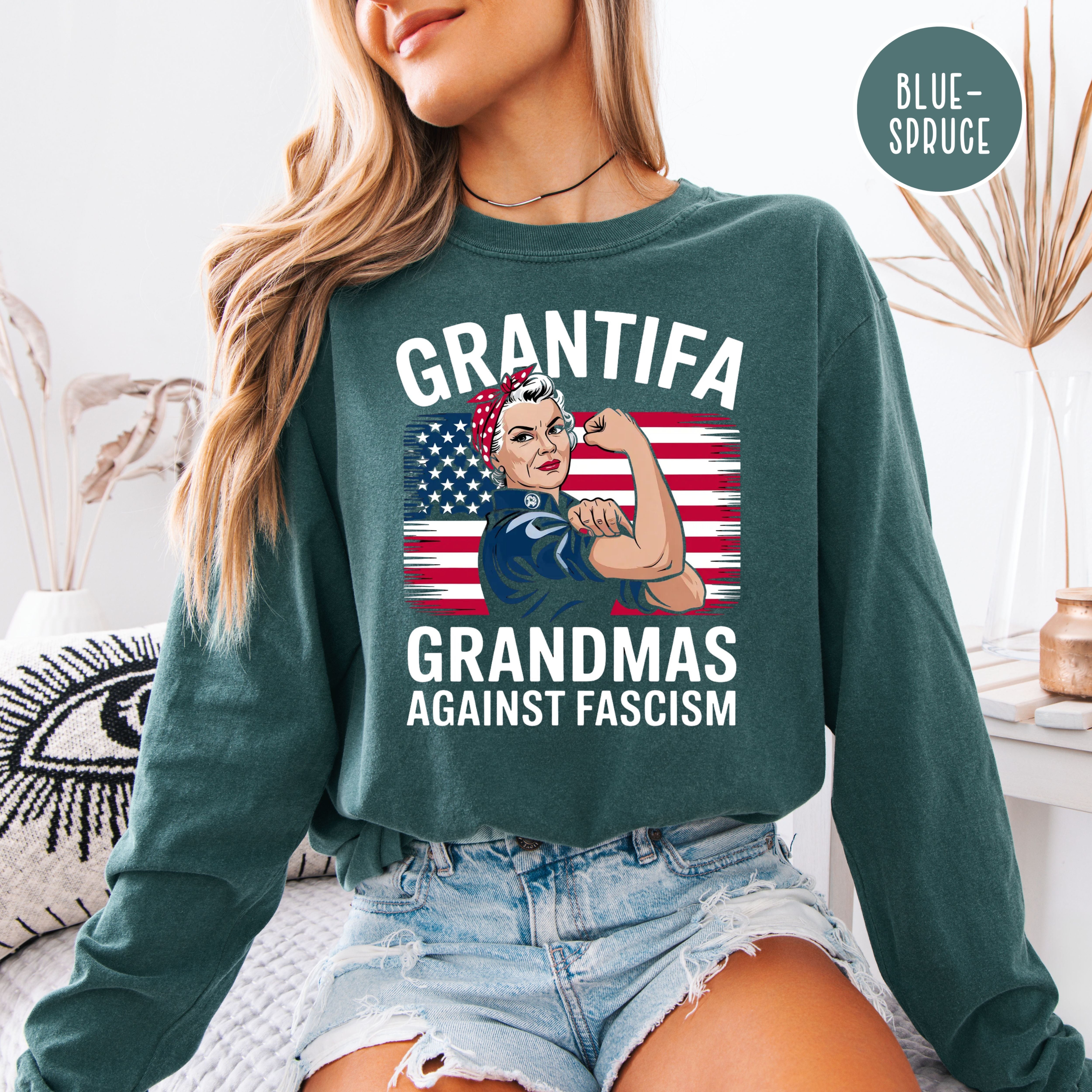 Grantifa Long Sleeve Comfort Colors Rosie the Riveter Grandmas Against Fascism Tee