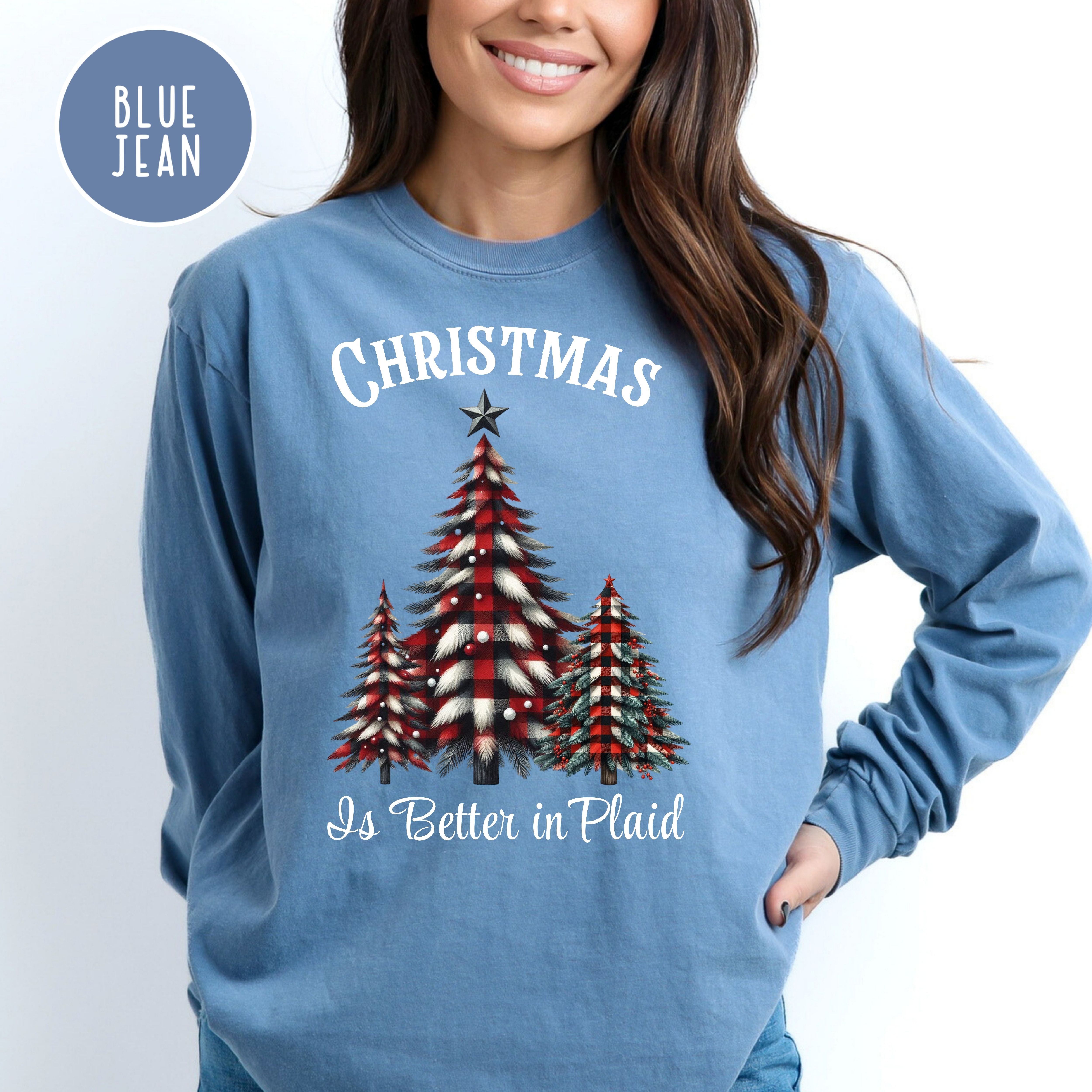 Christmas is Better in Plaid Comfort Colors® Long Sleeve Plaid Christmas Trees Tee