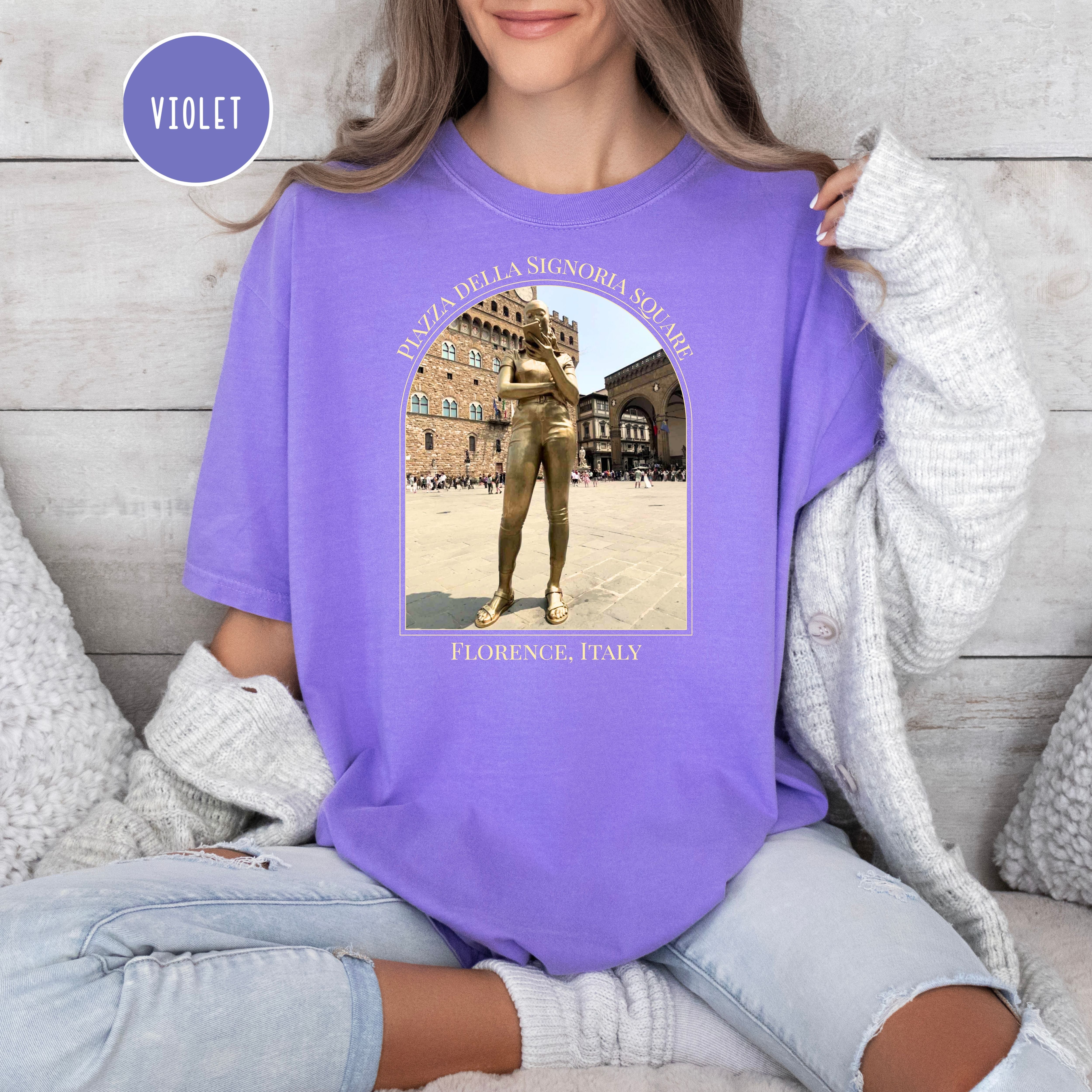 Florence Italy  Golden IPhone Girl in Piazza della Signoria Square Comfort Colors Vacation Tee