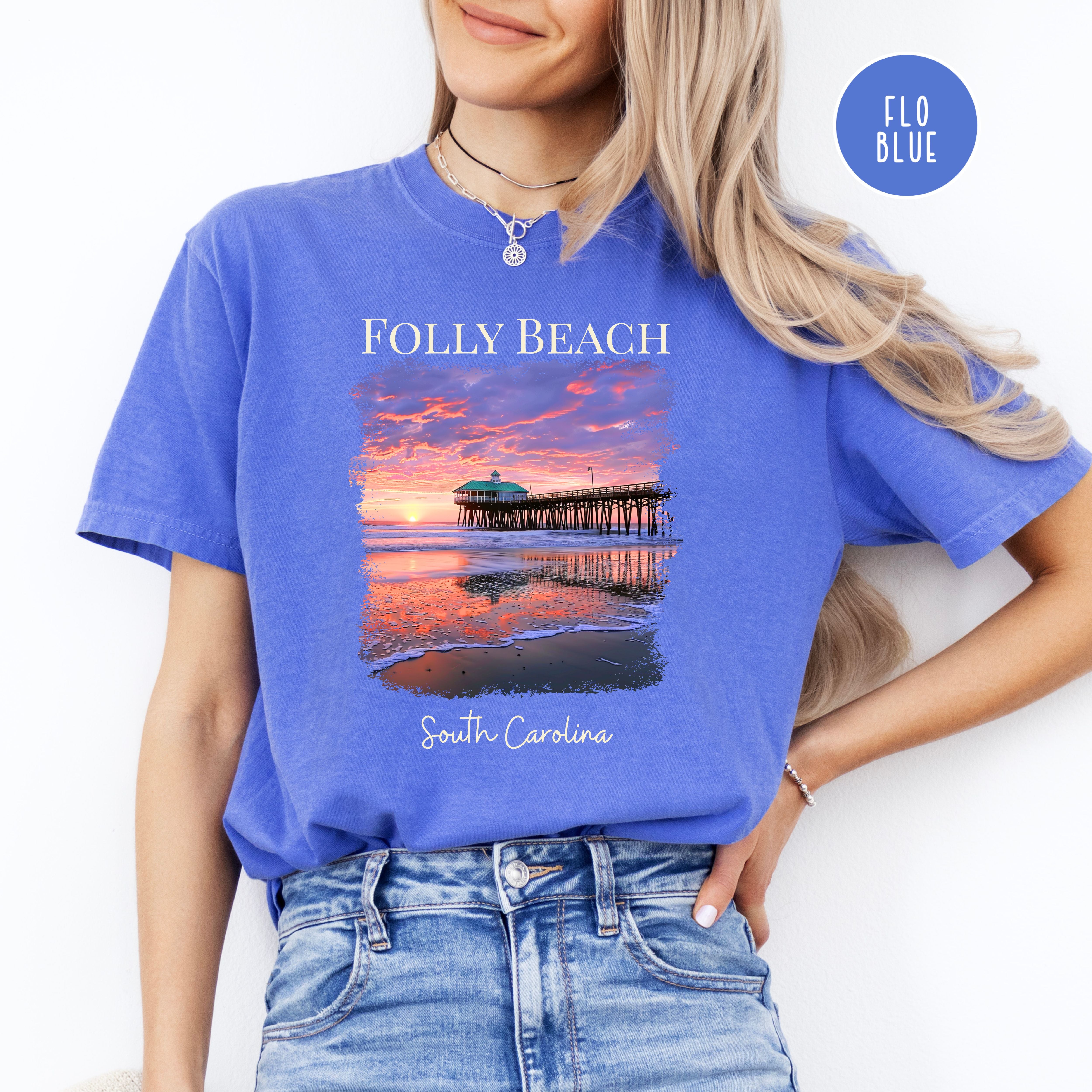 Folly Beach South Carolina Comfort Colors Beach Sunset Tee