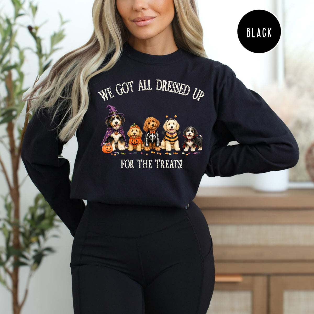Halloween & Doodles Funny Dog Lover Long Sleeve Comfort Colors T-Shirt, Doodle Lover Halloween Gift, Doodle Dogs in Halloween Costumes Tee