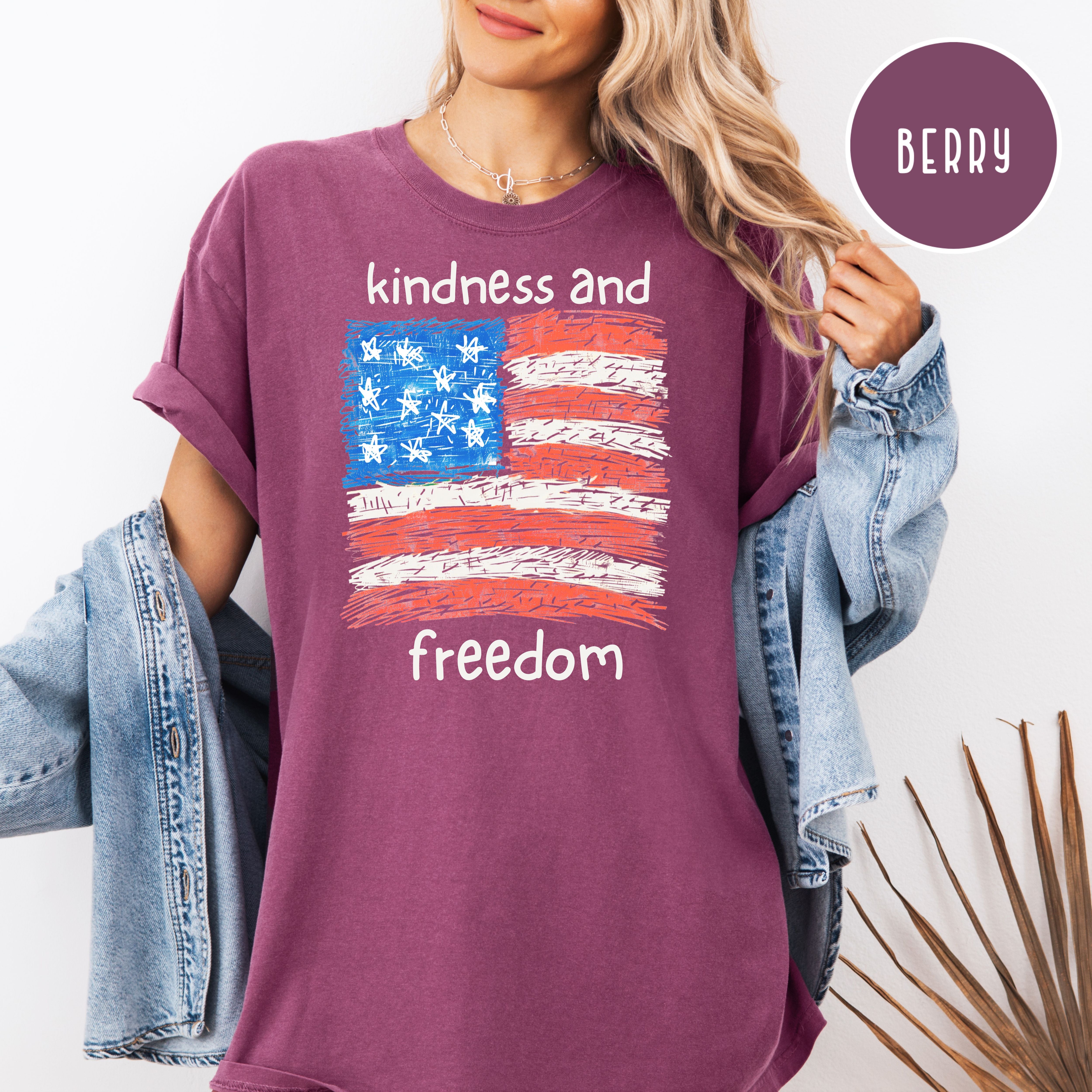 Freedom and Kindness 4th of July Shirt, USA Flag Drawing Comfort Colors T-Shirt, Fun Patriotic Shirt, Kindness Shirt, Be Kind Gift Shirt