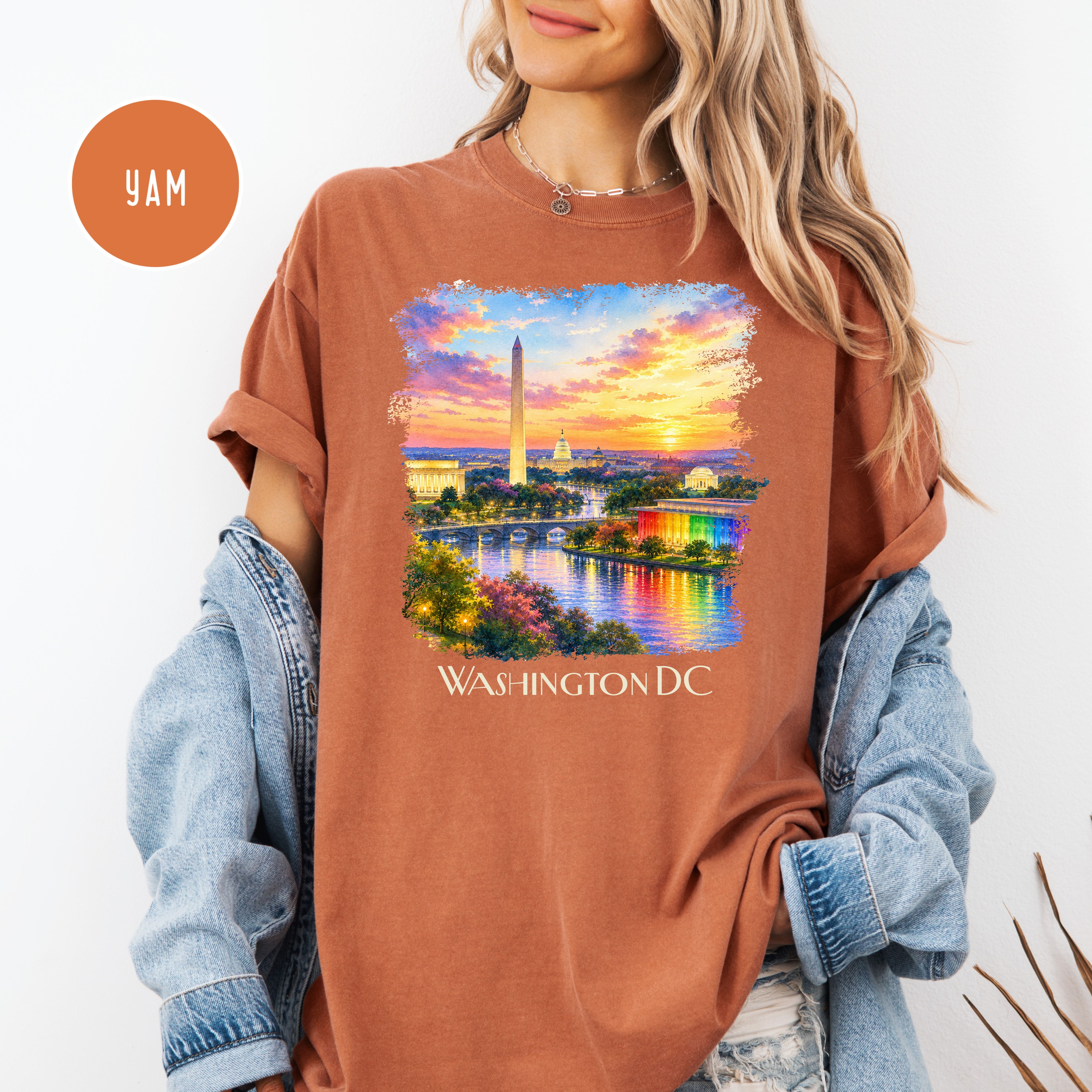 Washington DC at Sunset, Kennedy Center and Washington Monuments Unisex Comfort Colors T-Shirt, Kennedy Center for Pride Washington Travel