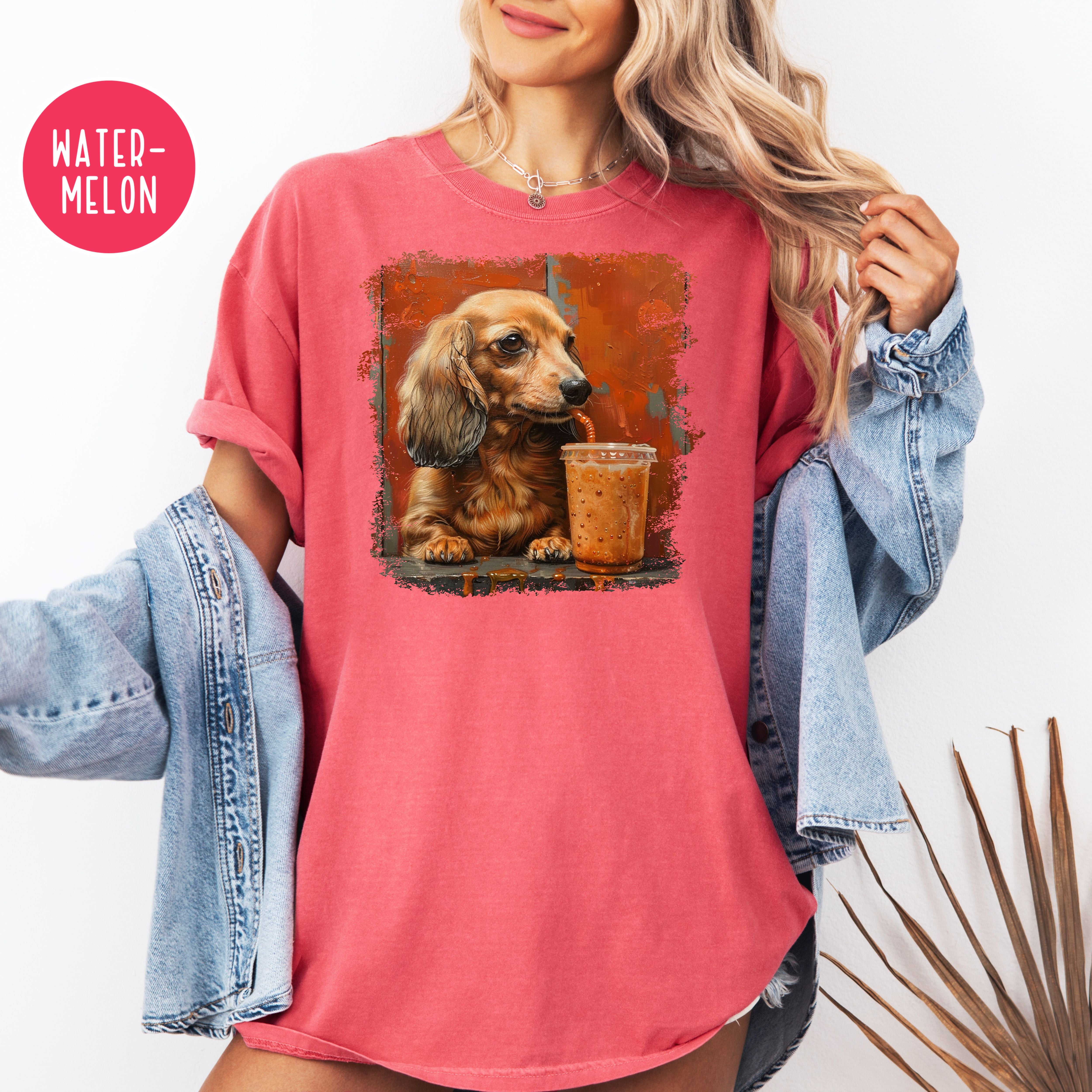 Dachshund Lover Comfort Colors T-Shirt, Doxie Mama Shirt, Dachshund Drinking Coffee, Dog Lover Art, Wiener Dog Shirt, Sausage Dog Gift