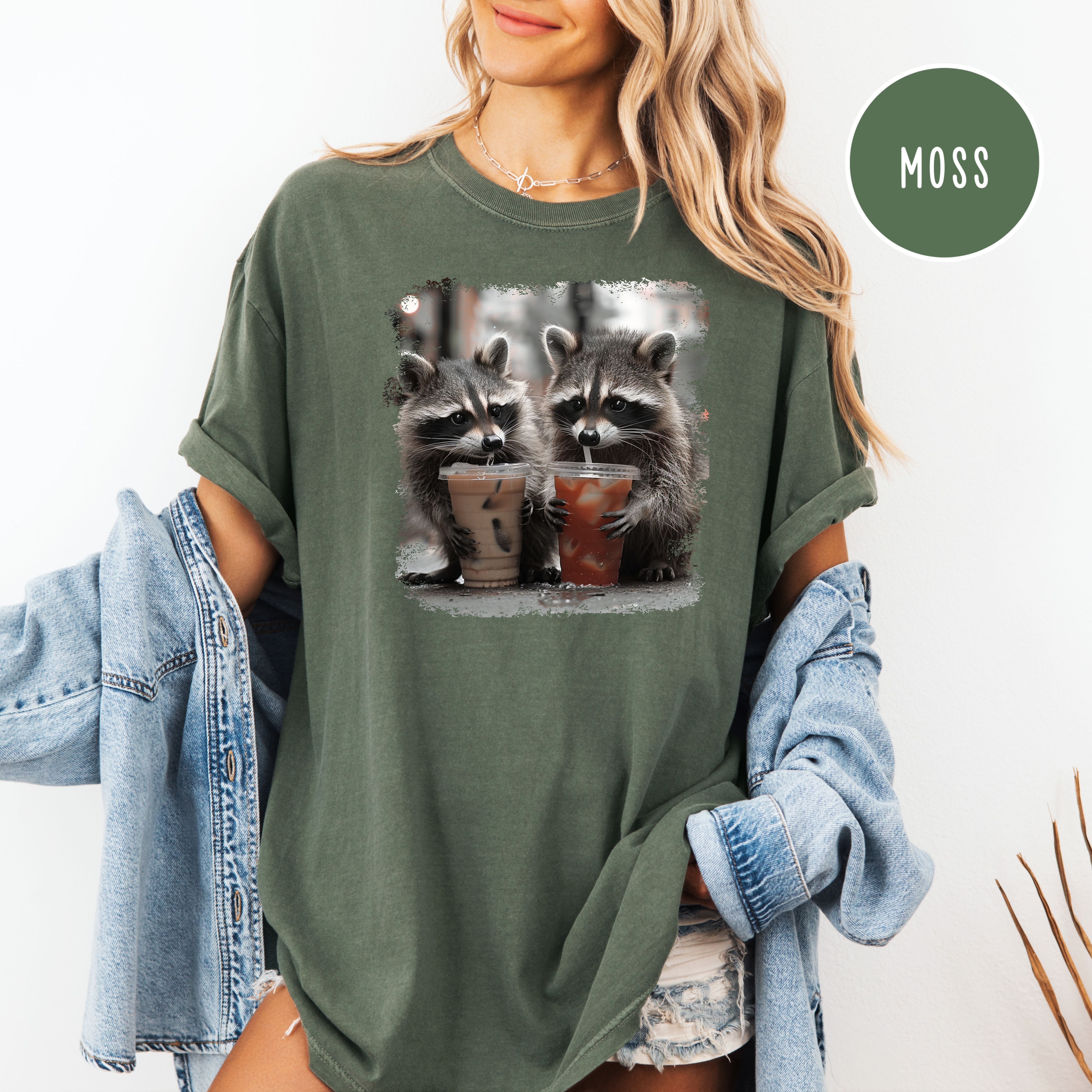 Cute Raccoons Drinking Iced Coffee and Iced Tea Comfort Colors Raccoon Lover T-Shirt, Funny Animal Meme Shirt, Coffee Lover Shirt