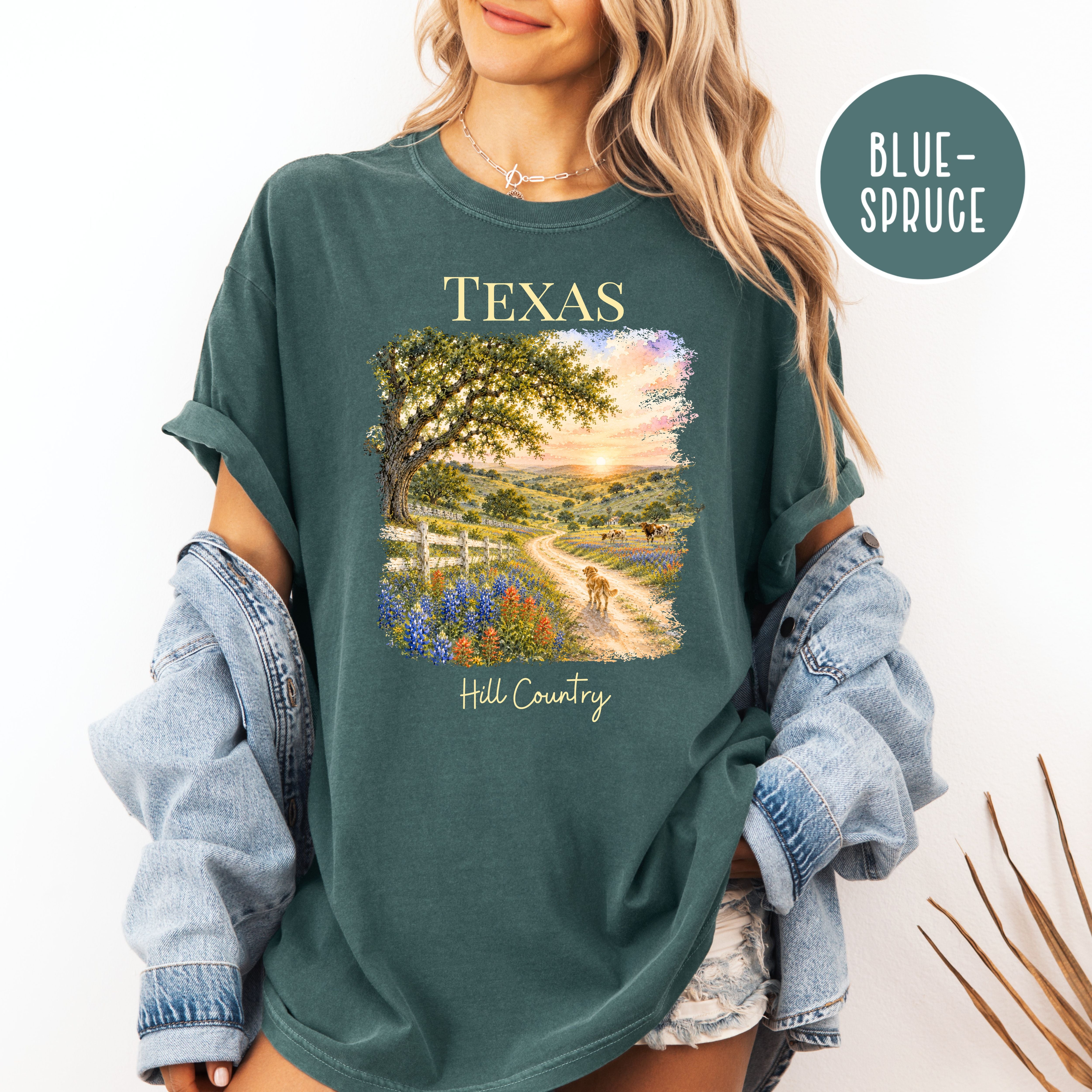 Texas Hill Country Comfort Colors T-Shirt, Texas Vacation Gift Shirt, Texas Travel Shirt, Texas Gift Shirt, Texas Blue Bonnets, Traveler Tee