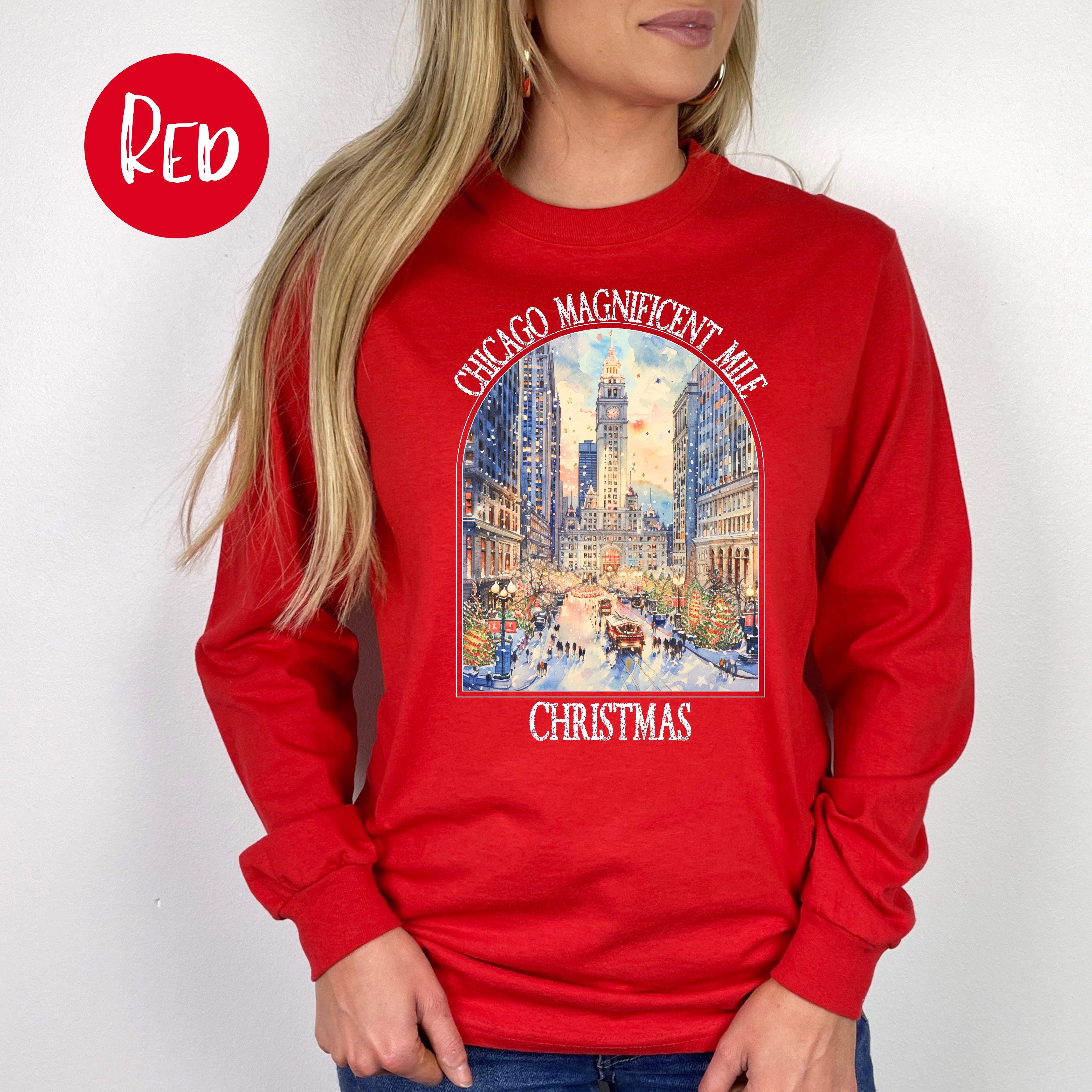 Chicago Magnificent Mile Christmas Adult Unisex Long Sleeve Tee