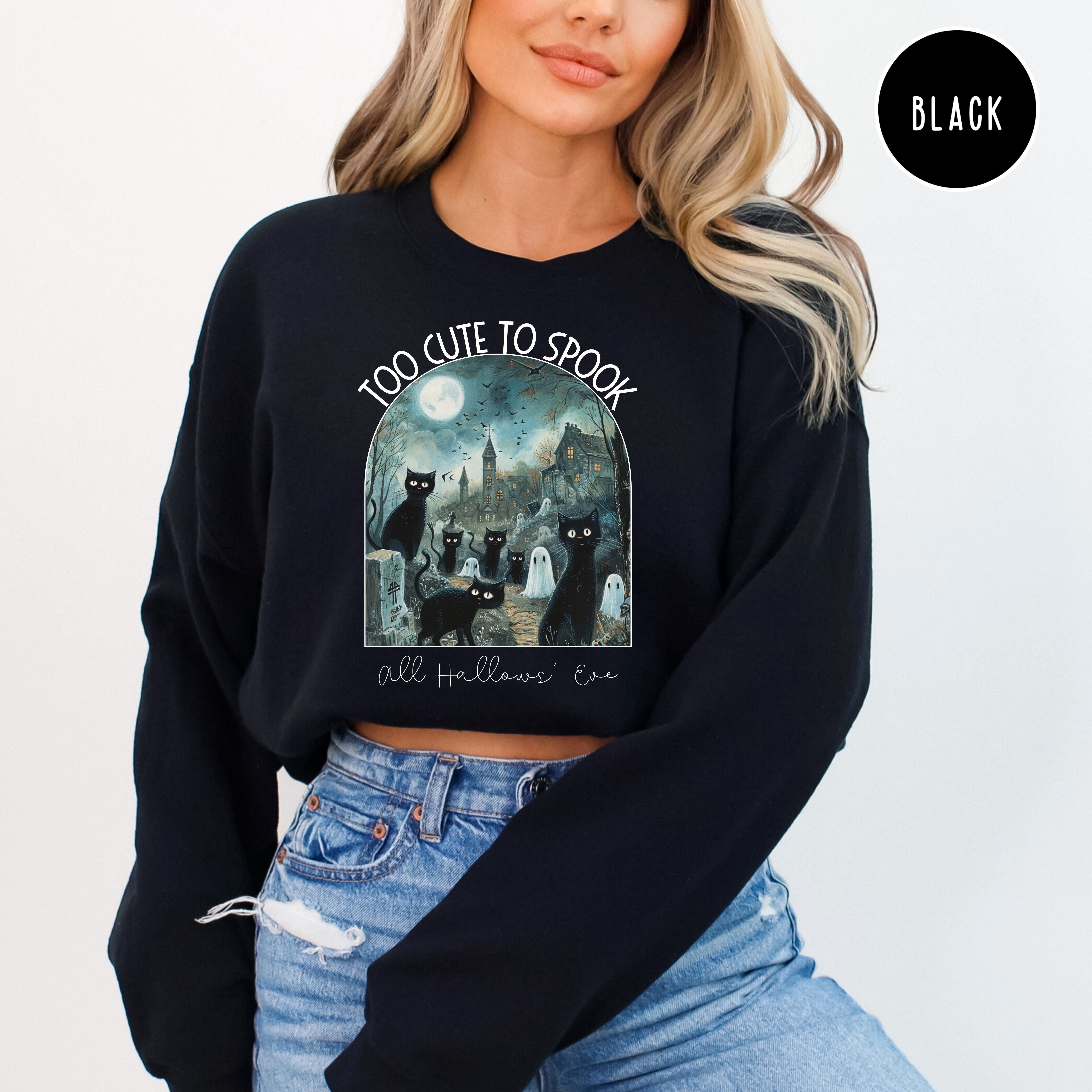 Too Cute to Spook Cats in Graveyard Halloween Sweatshirt