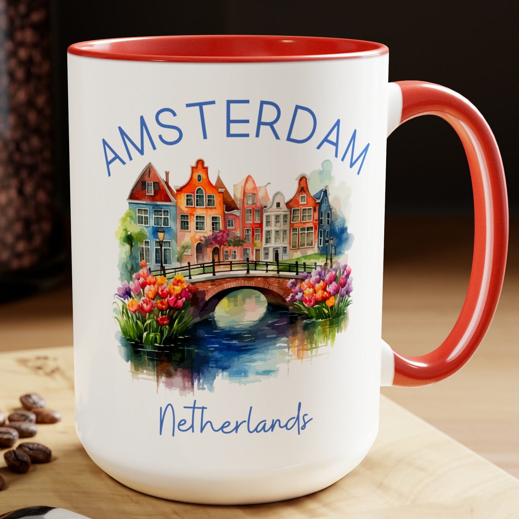 Amsterdam Netherlands 15oz Large 2-Tone Coffee Mug DESIGN FRONT & BACK