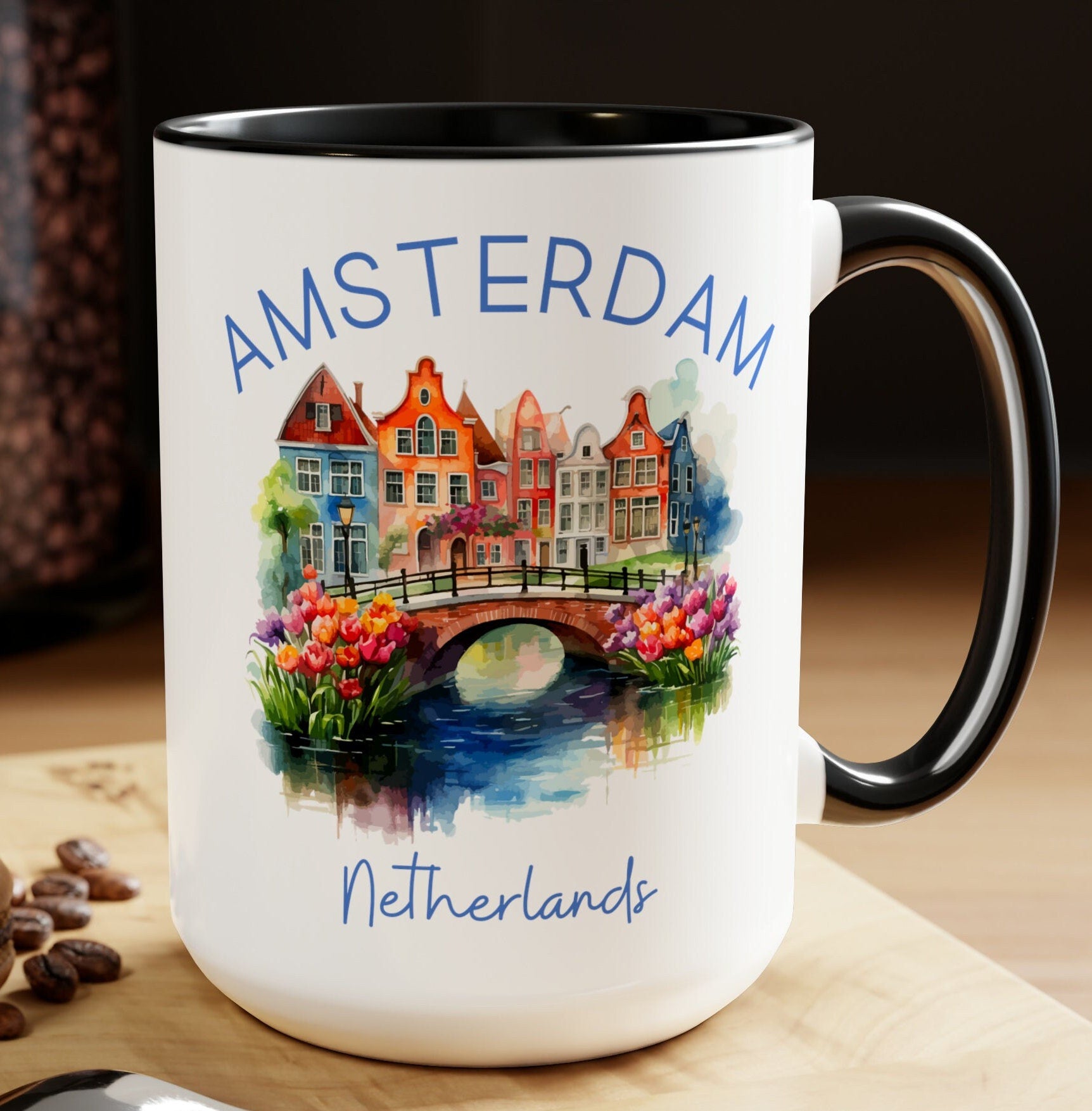 Amsterdam Netherlands 15oz Large 2-Tone Coffee Mug DESIGN FRONT & BACK