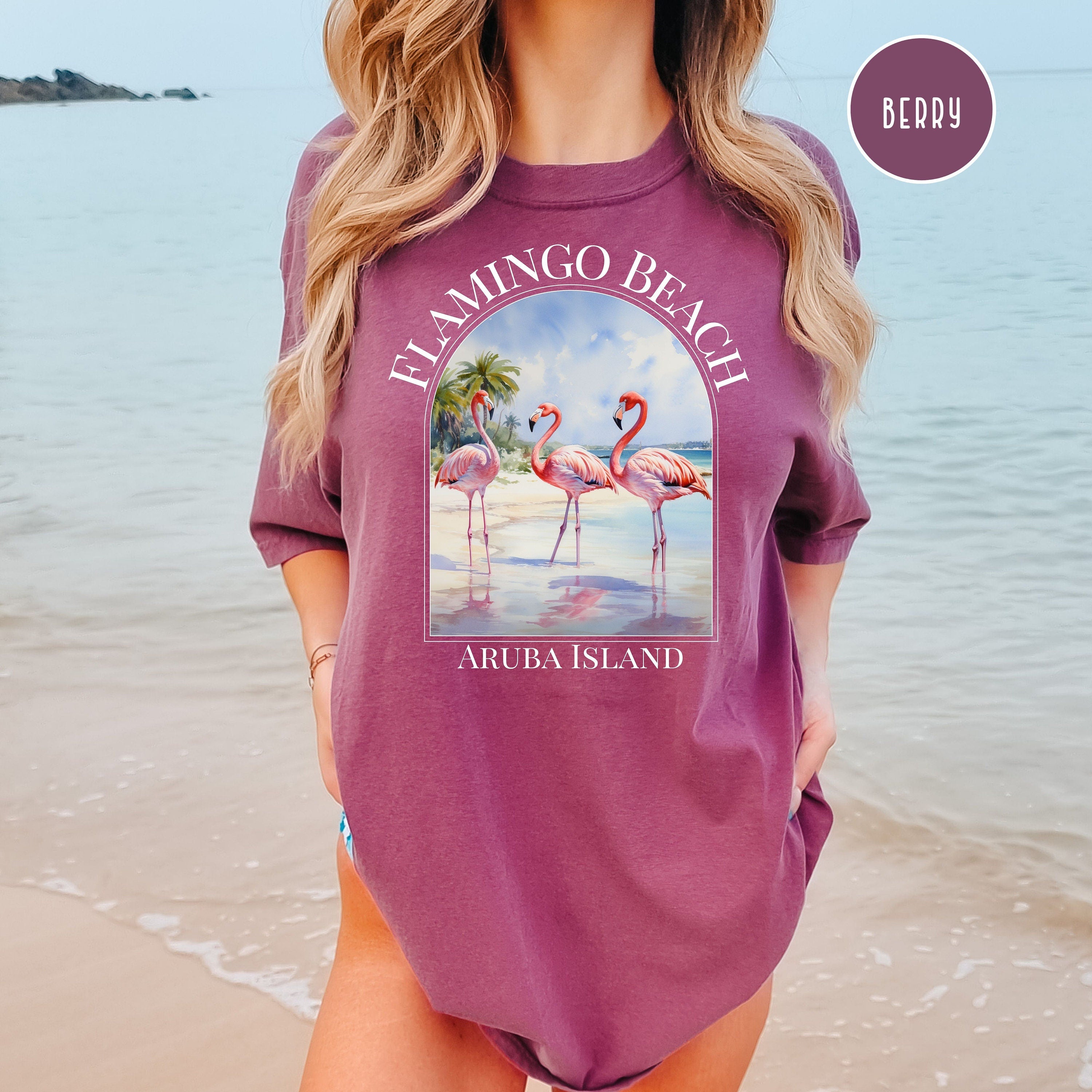 Pink Flamingos on Beach Comfort Colors® Tee