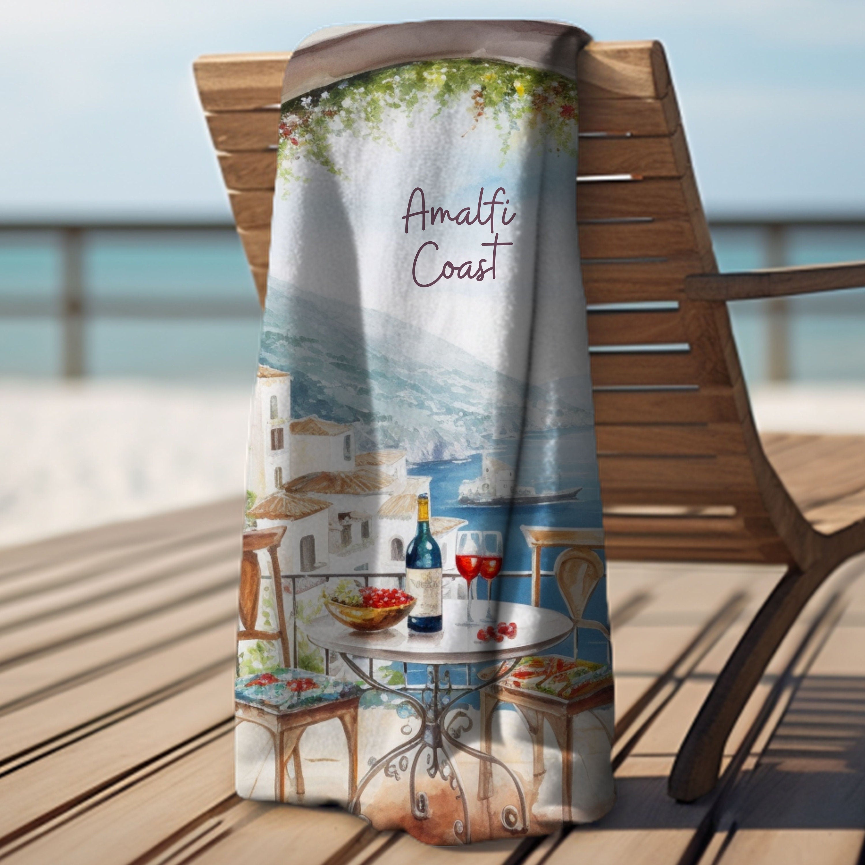 Amalfi Coast Italy Watercolor Soft Beach Towel