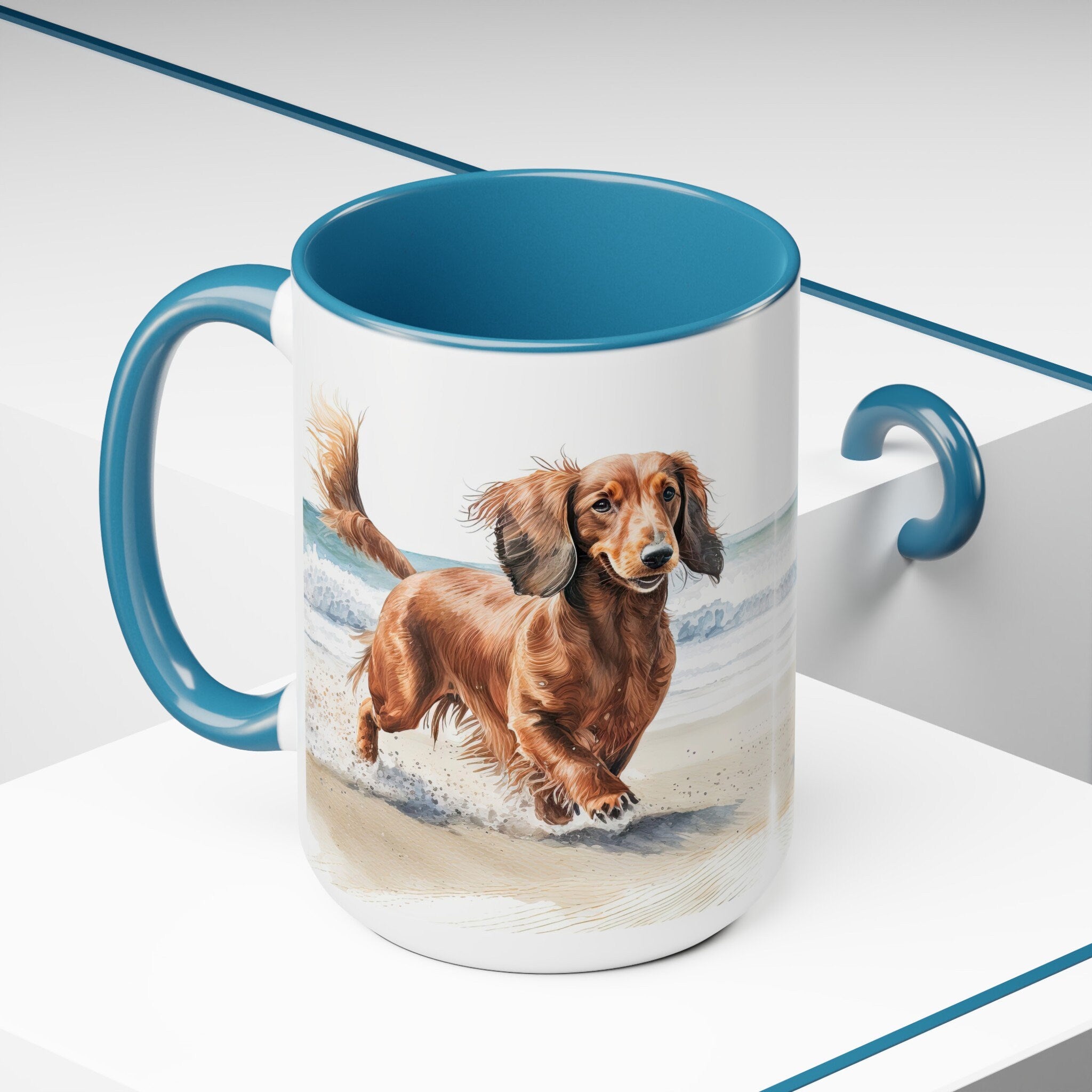 Dachshund Running on Beach 2-Toned 15oz Ceramic Gift Mug for Doxie Mom, Wiener Dog Dad Gift Mug, Doxie Lover Gift Mug, Dog Lover Gift Mug