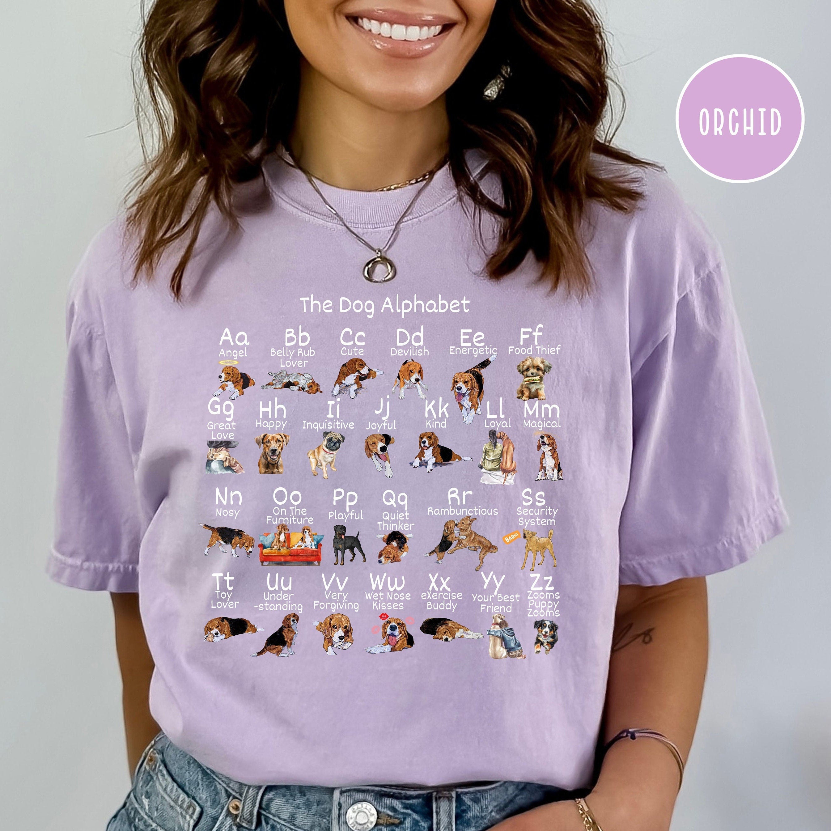 Dog Alphabet shirt with funny sayings and picture of dogs under each letter