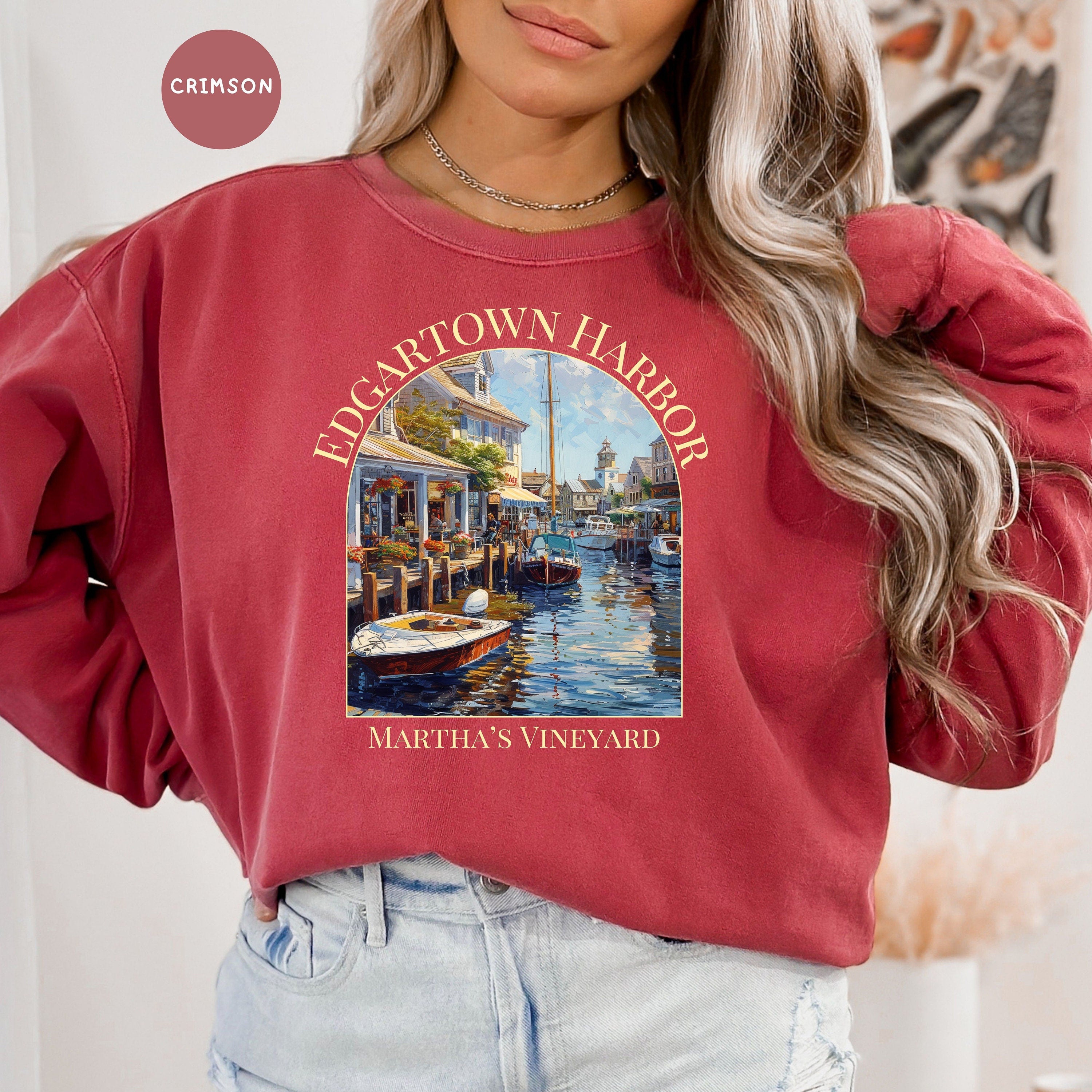 Martha's Vineyard Edgartown Harbor Comfort Colors® Sweatshirt, Martha's Vineyard Vacation Gift, Edgartown Harbor Boats Watercolor Sweatshirt