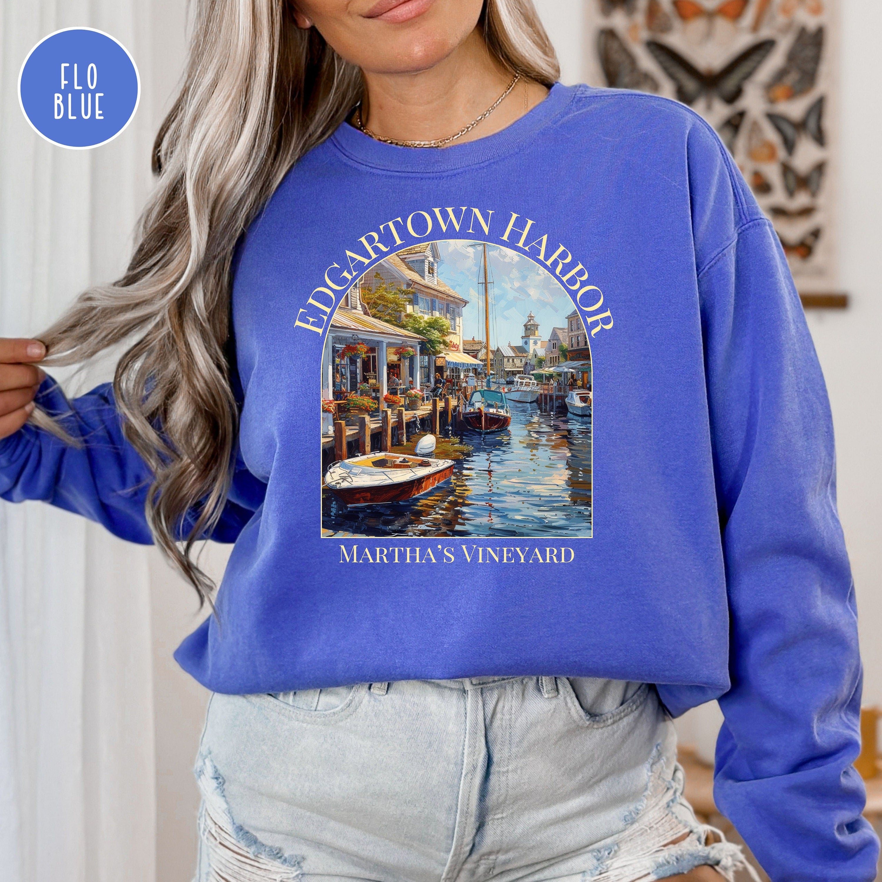 Martha's Vineyard Edgartown Harbor Comfort Colors® Sweatshirt, Martha's Vineyard Vacation Gift, Edgartown Harbor Boats Watercolor Sweatshirt