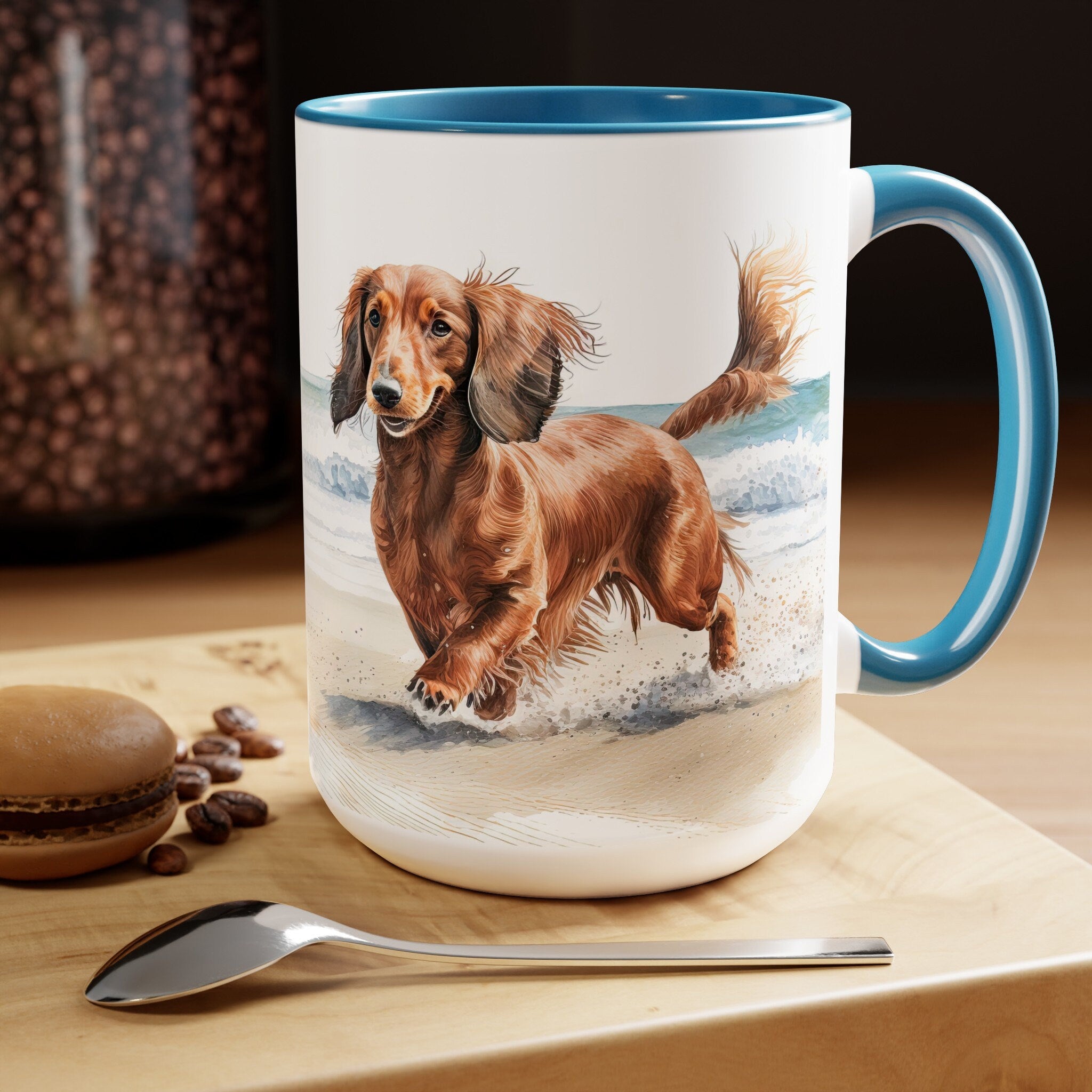 Dachshund Running on Beach 2-Toned 15oz Ceramic Gift Mug for Doxie Mom, Wiener Dog Dad Gift Mug, Doxie Lover Gift Mug, Dog Lover Gift Mug