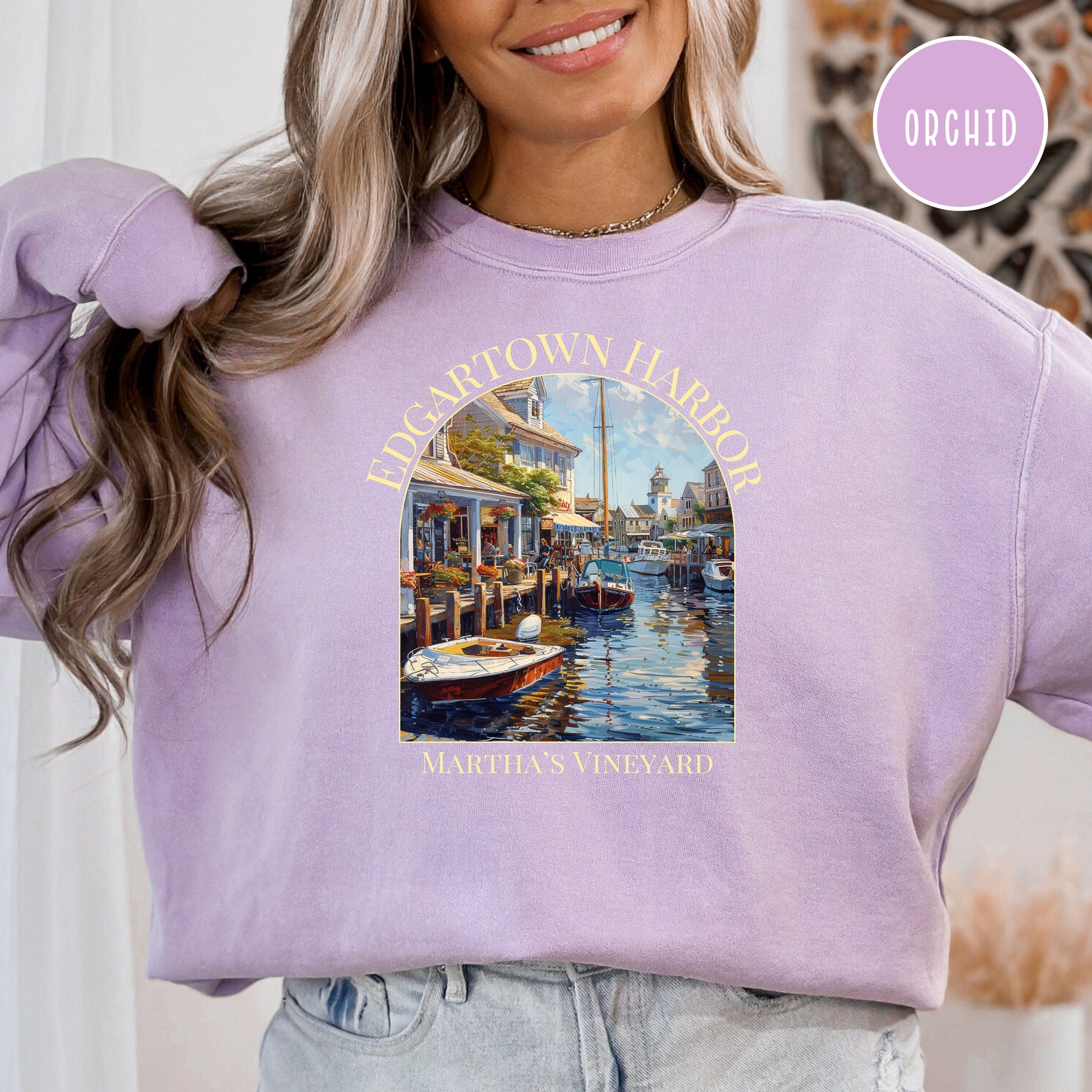 Martha's Vineyard Edgartown Harbor Comfort Colors® Sweatshirt, Martha's Vineyard Vacation Gift, Edgartown Harbor Boats Watercolor Sweatshirt