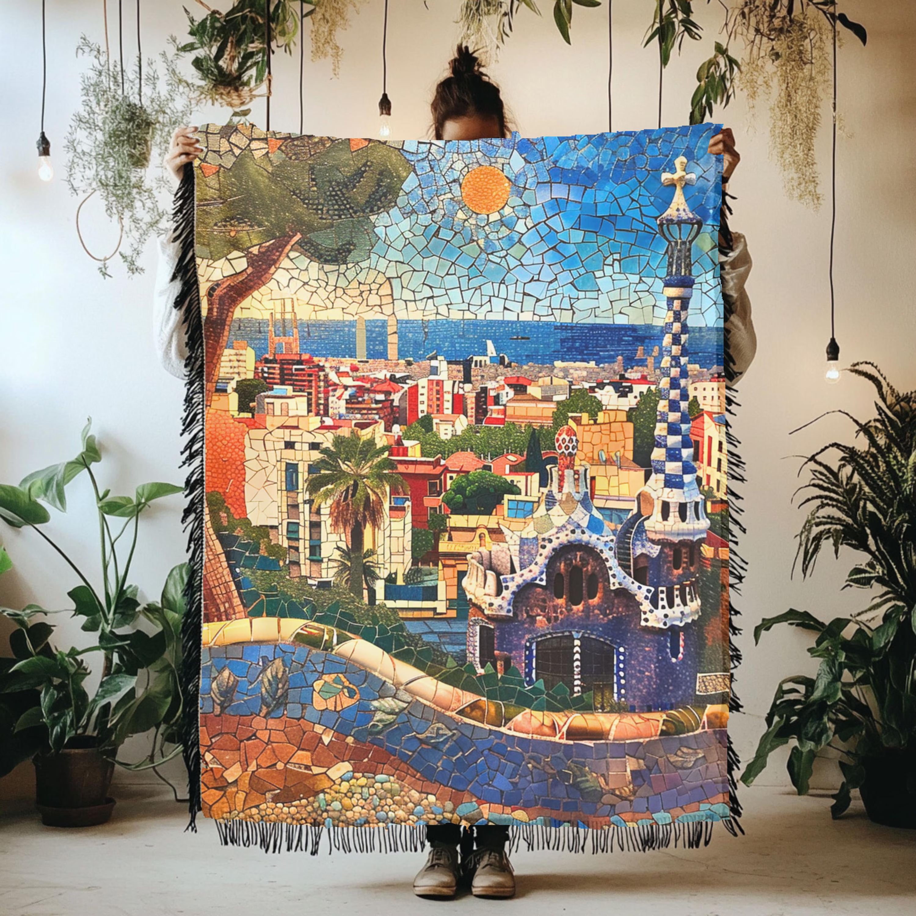 Barcelona Spain Mosaic Park Guell Woven Blanket