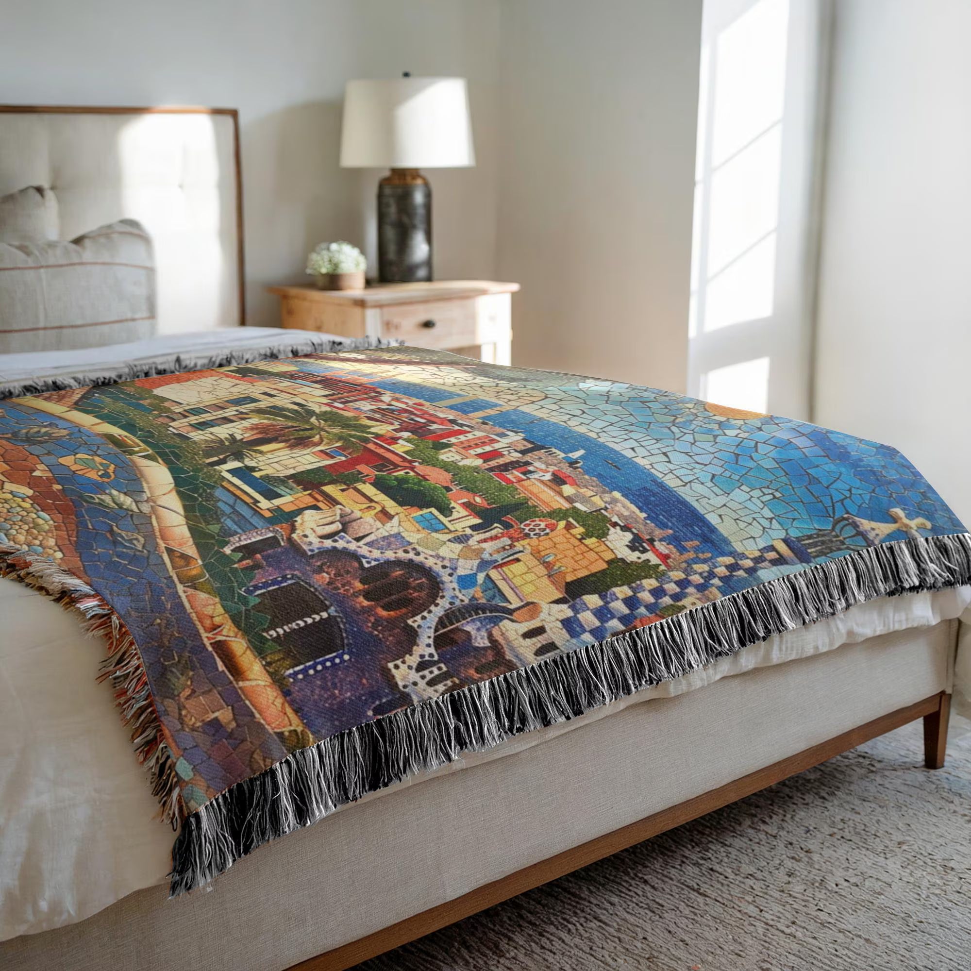 Barcelona Spain Mosaic Park Guell Woven Blanket
