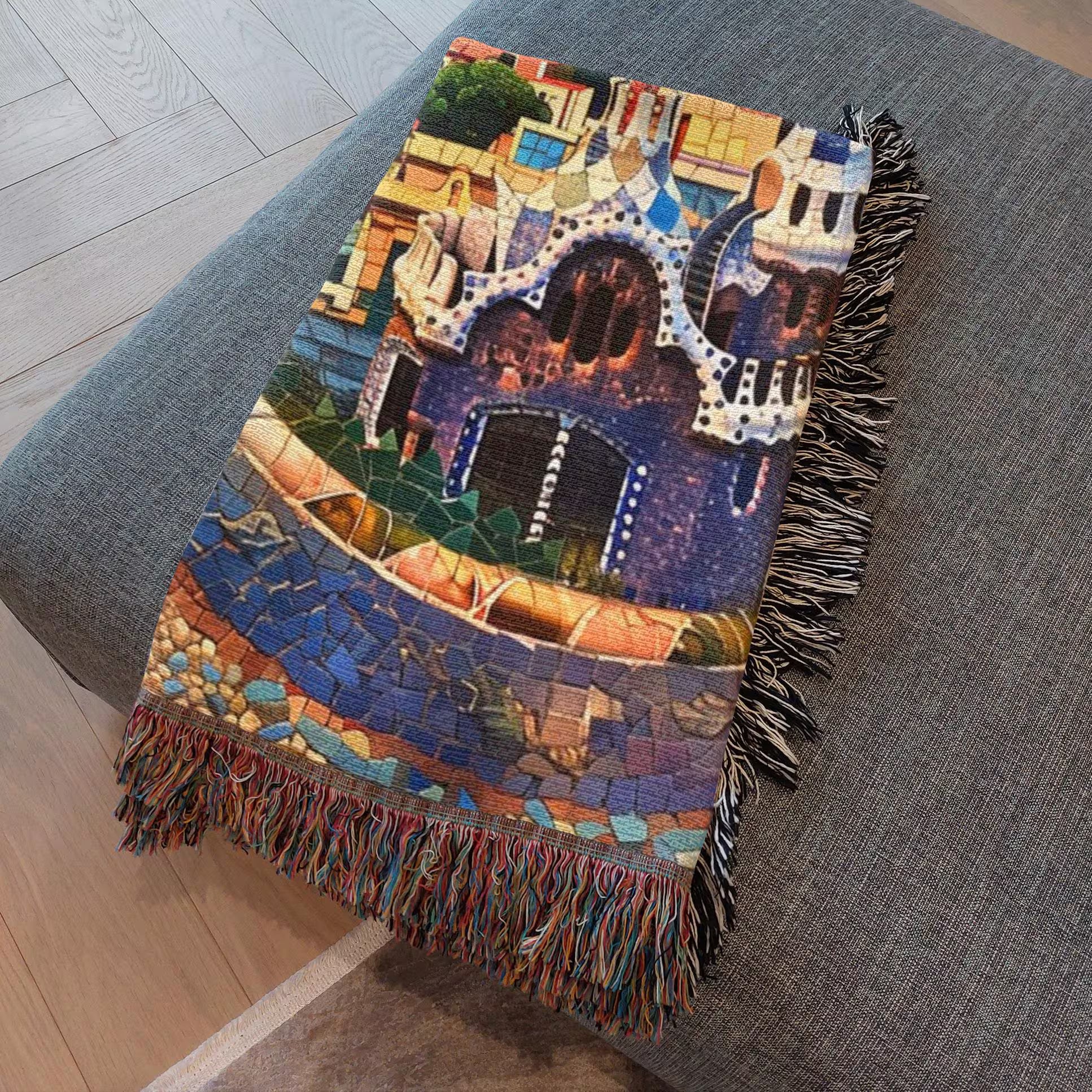 Barcelona Spain Mosaic Park Guell Woven Blanket